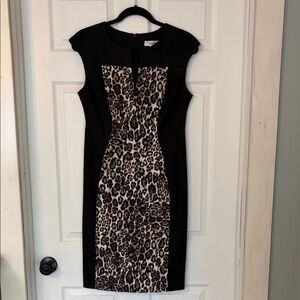 dressbarn Black and Leopard Print Midi Dress